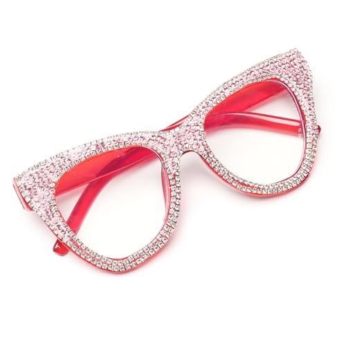 bullabulling Ladies Reading Glasses Cat Eye Stylish Computer Blue Light Blocking Rhinestone Bling Readers Glasses (red, 1.75, x)
