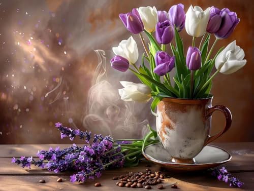 Peinture par numero adulte fleur café grand format toile 80x60cm avec pinceaux
