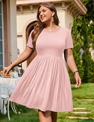 Image of IN'VOLAND Womens Plus Size Summer Dress Short Sleeve Casual Mini Dresses Empire Waist T-Shirt Dress with Pockets