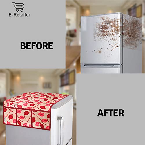 Image of Polyester 3-Layered Fridge Top Cover /Refrigerator Cover With Utility Pockets and Set of 4 Pc Fridge Mats (Colour- Red, Size-39x21 Inches)