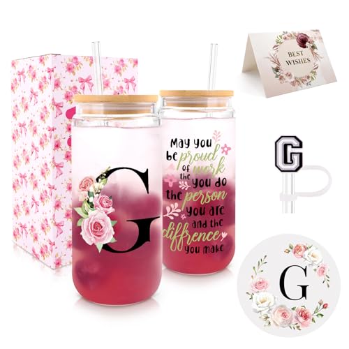 Initial Glass Cups with Lids and Straws, Personalized Gifts for Women (G)