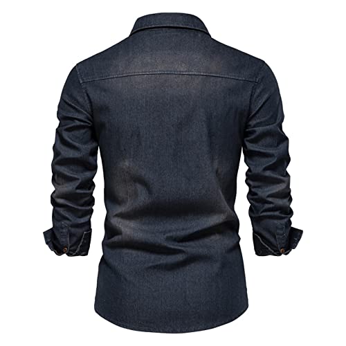 Elonglin Camisa jeans masculina casual ajuste regular abotoado manga longa lavado camisa jeans, Azul