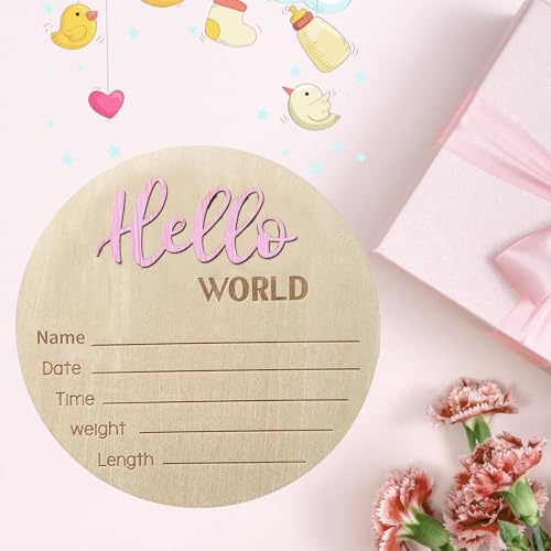 Image of Baby Announcement Sign, ​5.9 Inch Wooden Hello World Newborn Signs, Birth Announcement Sign, Baby Shower Hospital Nursery for Newborn Boys and Girls (Light Pink,Pen)