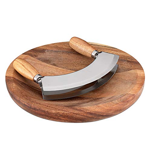 Comparison: Best Knife For Chopping Herbs 8 Navaris Cutting Board & Mezzaluna Knife - Wooden Chopping Board & 2-Bladed Curved Herb Cutter - Round Acacia Wood Board & Double Blade Rocker Chopper