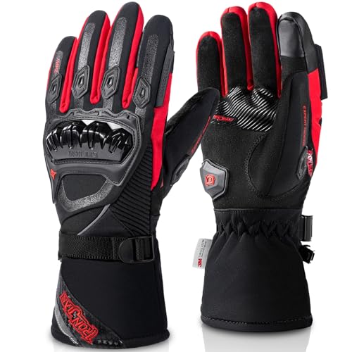 IRON JIA'S Guantes Invierno para Motocicleta para Hombre, Impermeables y Resistentes Level 1 KP al Viento, Ligeros y Cálidos Guantes de Pantalla Táctil, Adecuados para Motociclismo, Esquí-Rojo-M