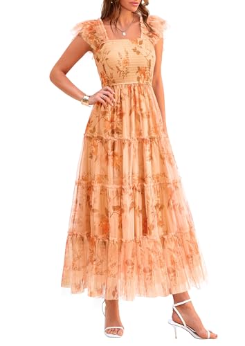 PRETTYGARDEN Women's Summer Tulle Midi Dress Sleeveless Smocked Ruffle Flowy Mesh Dresses Party Wedding Guest Sundress (Floral Apricot Orange,Small)
