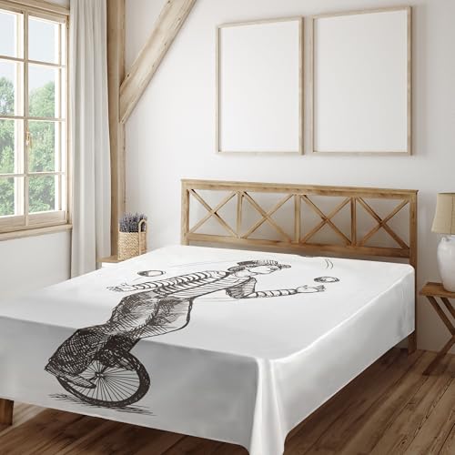 Ambesonne Circus Flat Sheet, Retro Style Sketch of Juggler Clown Man Performance on Cycle Bike Bicycle Wheel, Soft Comfortable Top Sheet Decorative Bedding 1 Piece, Queen Size, Brown and White