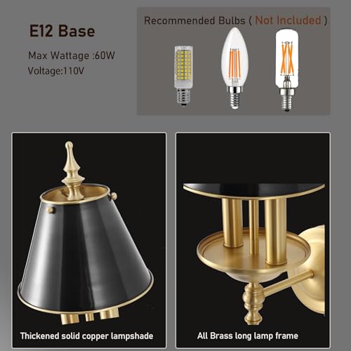 Image of BYOLIIMA Brass Wall Sconce 2-Lights Modern Gold Black Bathroom Wall Lighting Vanity Light Fixtures Solid Copper Shade Industrial Wall Mount Lights for Bedroom Living Room E12