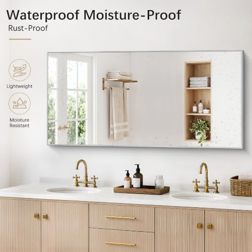 Image of DESBING 30 inch x 60 inch Bathroom Mirror, Silver Metal Frame Wall Mirror | HD Image,Shatterproof Decorative Rectangular Vanity Mirror for Bedroom Bathroom Living Room Entryway Horizontal or Vertical