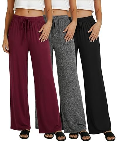 Image of Real Essentials 3 Pack: Women's Soft Palazzo Pants - Wide Leg Yoga Casual Loungewear Pajama Pj Bottoms (Plus Available)