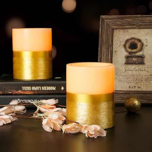Image of Set of 2 Gold LED Pillar Candle Flickering Flameless Candle with Timer, Home Decoration Party