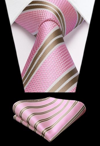 Image of HISDERN Mens Striped Ties Classic Silk Woven Tie and Pocket Square Set Formal Business Necktie Handkerchief for Wedding