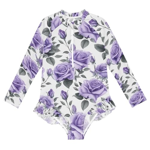 Girls One Piece Swimsuits Long Sleeve Swimsuit Zipper Bathing Suits Purple Rose Flower