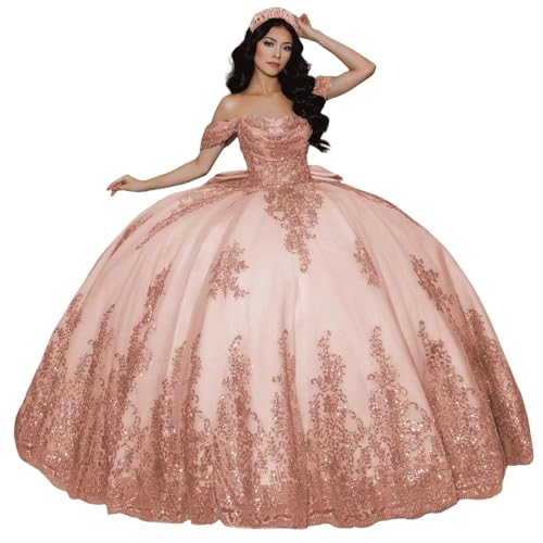 KPDFIF Puffy Tulle Quinceanera Dresses Rose Gold Pearly Off The Shoulder Prom Gown with Bow Lace Applique Sweet 15 Dresses with Train Size 06