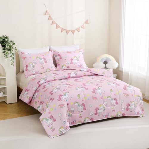 Image of Yibeizi Pink Unicorn Bed Comforter Set for Girls Full Size Bedding