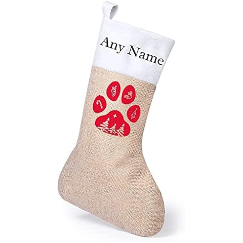 Merch Kingdom Personalised Dog Christmas Stocking - Pet Xmas Gift Bag - Mantlepiece Decoration Santa Sack - Dog Christmas Paw 23.5x35cm Cover