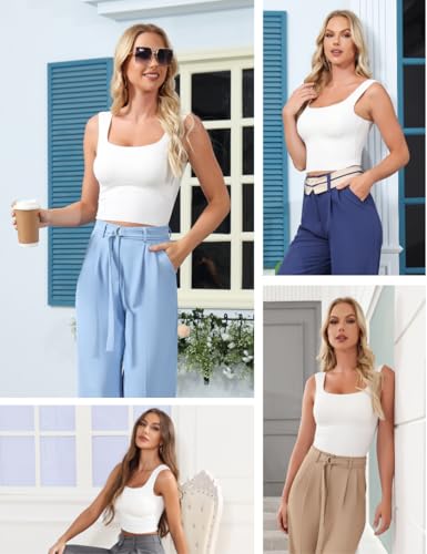 Women's Built-in Bra Tank Top Ribbed Slim Fit Wirefree Shelf Padded Tank Shirts Wide-Strap Square Neck4