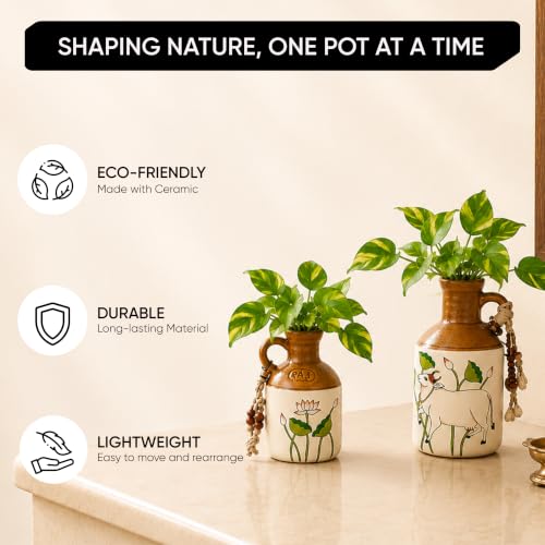 Image of AAKRITI ART CREATIONS Ceramic Planter Bottles Set of 2 | Pichhwai Art, Off-White Glossy Finish | Decorative Vases for Home Decor | Flower Pots & Tabletop Decor for Living Room