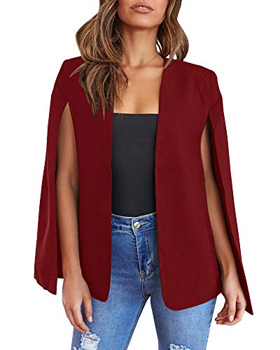 GAMISOTE Womens Casual Blazer Cape Open Front Split Sleeve Long Cloak Jacket Coat Workwear Burgundy