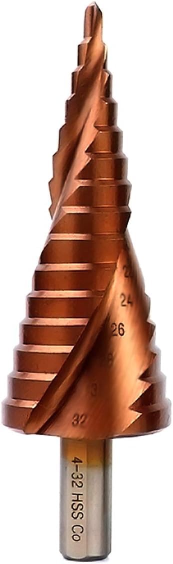 Broca escalonada de cobalto 4-32 mm, broca cónica HSS M35 para acero inoxidable y metales duros, vástago triangular de 10 mm, punta de 118° – para taladro de columna y atornillador de impacto – chapa