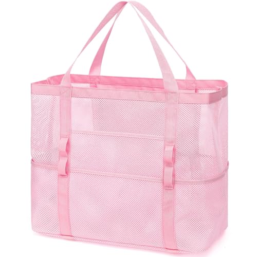 Fammart Bolsa de praia de malha, bolsa de praia grande com bolso com zíper para a família, bolsa de piscina para brinquedos e itens essenciais de férias, Grande - Rosa nº 2, Large