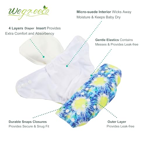 Image of wegreeco Cloth Diapers 6 Pack with 6 Inserts & 1 Wet Bag, Washable Cloth Diapers for Babies, One Size Adjustable Reusable (Tie-dye)