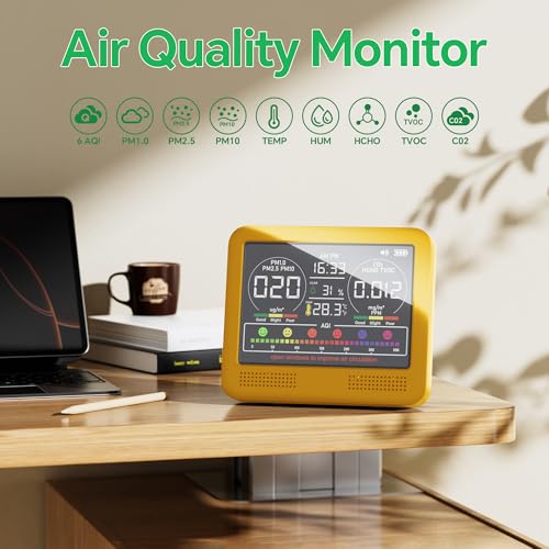 Image of 16-in-1 Indoor Air Quality Monitor with PM1.0,PM2.5,PM10,CO2,HCHO,TVOC,Temperature,Humidity,Time Display &7 AQI Alarms - Professional Air Quality Tester for Home, Office & Indoor Use