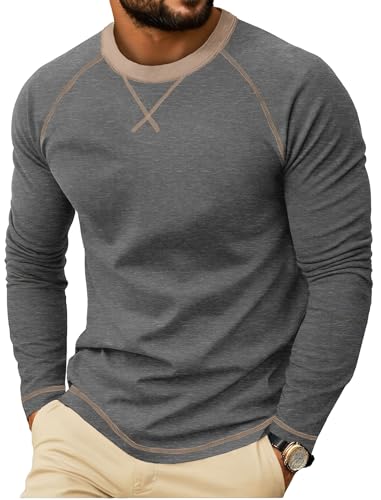 Askdeer Mens Cotton Shirts Long Sleeve Casual T-Shirts Crew Neck Soft Shirts Dark Gray