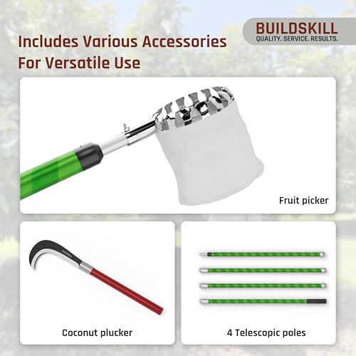 Image of BUILDSKILL 16 Ft Telescopic Coconut Plucker with Pole - Shock Proof | Adjustable Height 8-16 ft | Includes & Fruit Picker | Lightweight & Durable Fiber Glass Construction - Easy Assembly