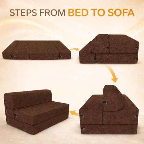 Image of Coirfit Single Seater Folding Sofa Cum Bed - Perfect for Guests - Jute Fabric Washable Cover with Free Cushions - | 3' X 6' Feet, Brown