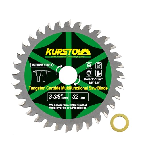 KURSTOL Wood Circular Saw Blade - 85mm TCT Cutting Disc 32T Tungsten Carbide Tipped Blade Bore 15mm-10mm for Wood, Laminates, Aluminum, Copper, Non-Ferrous Metals, Plastic