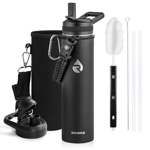 Image of RAYMYLO Insulated Water Bottle 24 oz, Triple Wall Vacuum Stainless Steel (Cold for 24Hrs, Hot for 12Hrs), Leak Proof & Non-BPA, Modern Water Flask Jug with Paracord Handle & Straw Spout Lids