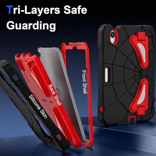 Image of Kids Case for iPad Mini 7 A17 Pro 2024 / Mini 6 8.3 inch, Spider Case for iPad Mini 7th 6th Generation, Shockproof Durable Full Protective Cover with Pencil Holder, Kickstand (Black+Red)