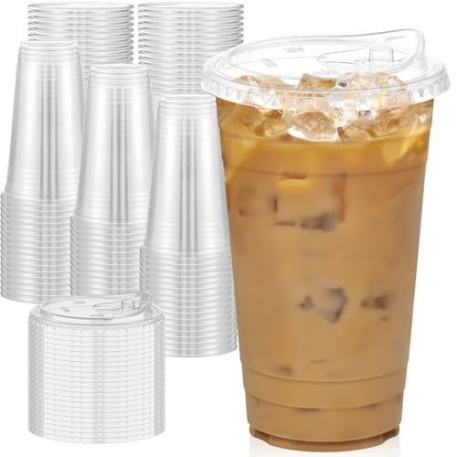 Dealusy 100 Pack - 24 oz Clear Plastic Cups with Lids Sturdy & Food Safe Iced Coffee Cups with lids Disposable Plastic Smoothie Cups for Cold Drinks Sip Lids