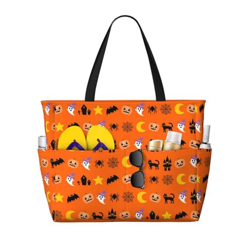 Halloween Print Pumpkin Oversized Waterproof Beach Bag – Multi-Pocket Zipper Tote, Compact Foldable Design For Travel, Pool, Shopping & Outdoor Adventures