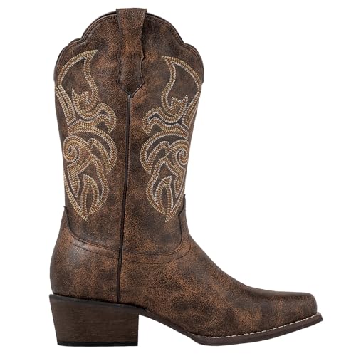 J's.o.l.e Women's Square Toe Cowboy Boots Mid Wide Calf Distressed Western Cowgirl Boots4