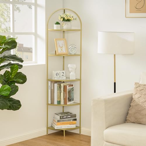 Homhedy 5-Tier Corner Shelf Stand Metal Corner Bookshelf Tempered Glass Shelves Bathroom Storage Rack Shelf Plant Stand Modern Style Golden