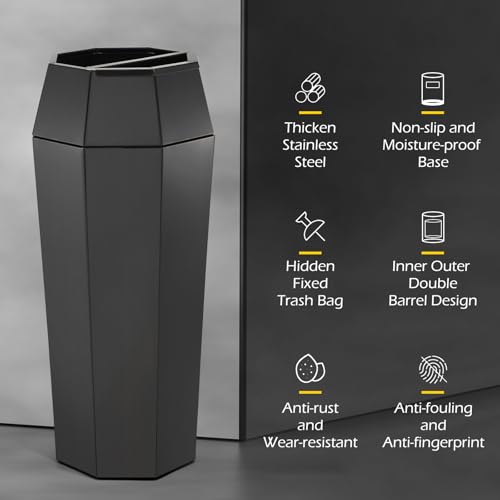 Image of Dyna-Living Commercial Trash Can Large Garbage Can with Lid, Open-top Tall Stainless Steel Trash Bin Industrial Garbage Container for Patio Lobby, Black