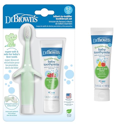 Dr. Brown's Infant-to-Toddler Elephant Toothbrush and Fluoride-Free Strawberry Baby Toothpaste Set with Apple Pear Toothpaste, 0-3 Years - image 1