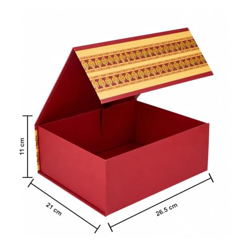 Image of Kura by Ekhasa Large Foldable Gift Box (26.5 x 21 x 11 cm) | Magnetic Closure, Traditional Printed Temple Design, Saree Packing, Hamper Packaging, Wedding, Festive & Housewarming Gifting