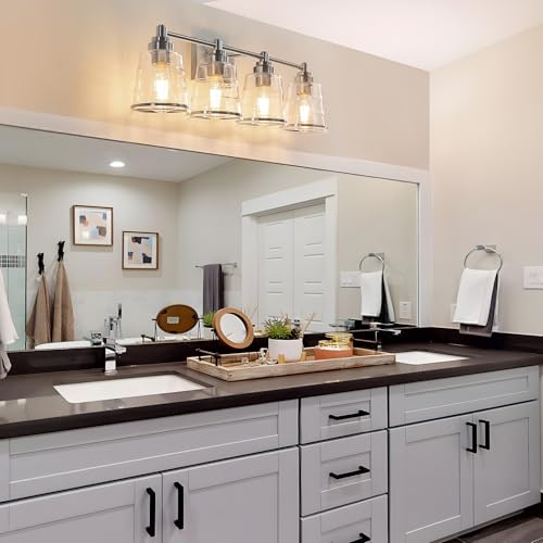 Image of Brushed Nickel Bathroom Vanity Light Fixture, 4 Light Bathroom Light Fixtures Over Mirror with Clear lampshade and Metal Base Sconce,29.1 inch Modern Vanity Light for Bathroom(Exclude E26 Bulb)