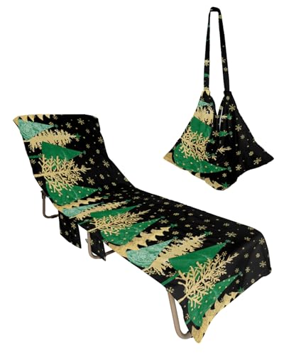 Green Yellow Christmas Tree Beach Lounge Chair Towel Cover, Soft Chaise Lounge Towel with Side Pockets Patio Pool Chairs Cover for Beach/Pool Sunbathing 29x85 Xmas Snowflake Classic Black