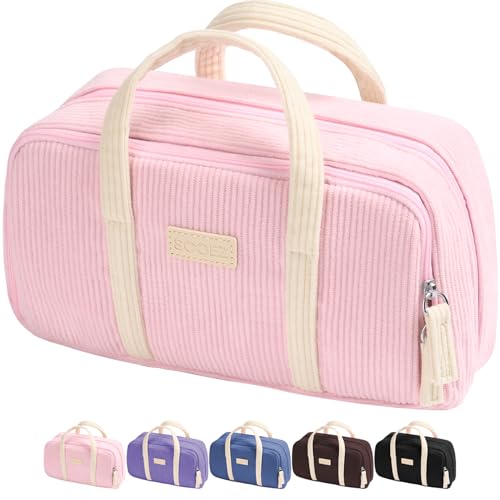 Image of Sooez Large Pencil Case Pouch, Extra Big Pencil Bag with 5 Compartments, Pen Case Wide Opening, Soft Corduroy Pen Bag Organizer with Zipper, Cute Aesthetic School Supplies for Teen Girls, Pink