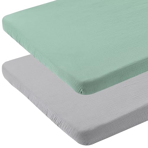 Image of Onacosht Muslin Bassinet Sheets 33" x 19" Compatible with Mika Micky, KoolaBaby (3 in 1), BabyBond, HARPPA and RICUTON Bedside Bassinet, 2 Pack for Baby Boy and Girl, Grey and Green