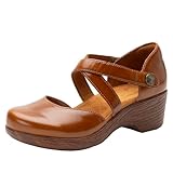 Alegria Women's Savina Luggage Slip on Leather Wedge Mary Jane Cross Strap Heel Shoe 8-8.5 M US