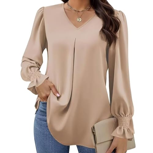 Long Sleeve Shirts for Women Casual V Neck Blouses Solid Color Trendy Dressy Tops Chiffon Summer Tunics