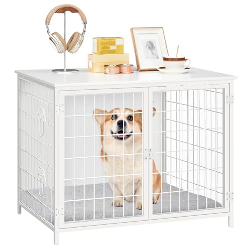 MAHANCRIS Hundekäfig Möbel, 80 cm Hundebox mit Kissen, 2 Tür, Doppeltür, Holzwerkstoff, für Kleine/Mittelgroße/Große Hunde, 80 x 55 x 65 cm, Hundekäfig für Zuhause, Weiß ADCBW0701