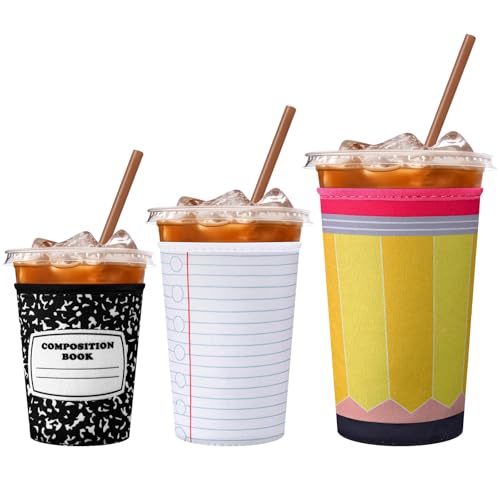 FoldTier 3 Pcs Teacher Appreciation Gifts Reusable Iced Coffee Sleeves Coffee Coolies Sleeves for Iced and Hot Drinks Gifts for Teachers Valentine\'s Day End of School Year(Notebook)