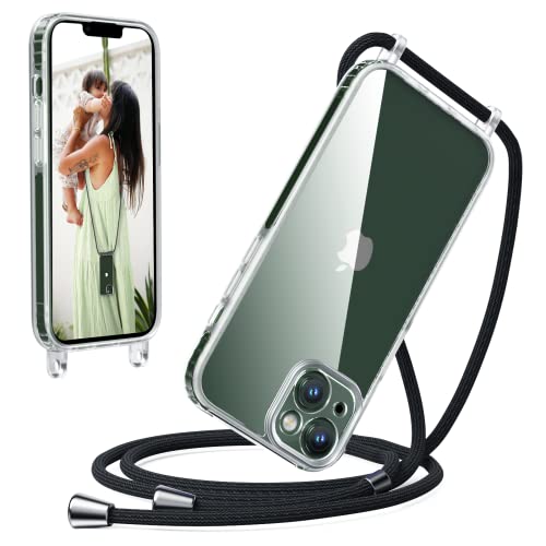 Oududianzi - Coque Compatible avec iPhone 13 Cordon Case, Housse Étui de Téléphone Couvrir avec Lanière Pratique Cordon, Transparente Silicone TPU Bumper Souple Lanyard Case Tour de Cou Chaîne - Noir Cover