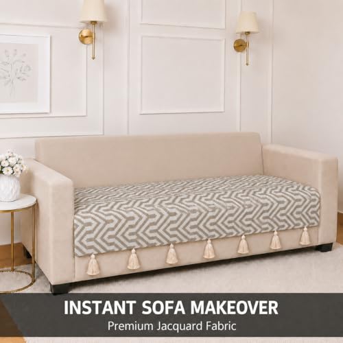 Image of STITCHNEST 'Nomad Weave Collection' 1 Seater Sofa Cover|Elegant Jacquard Fabric, Decorative Tassels, Washable & Durable for Modern Living67